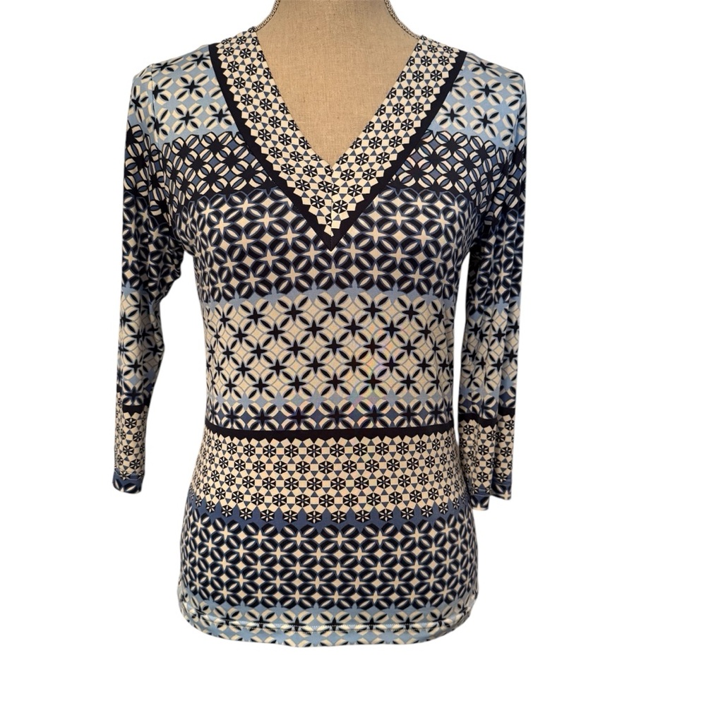 SARA CAMPBELL TOP BLUE WHITE STRETCH V-NECK 3/4 SLEEVE SIZE S USA